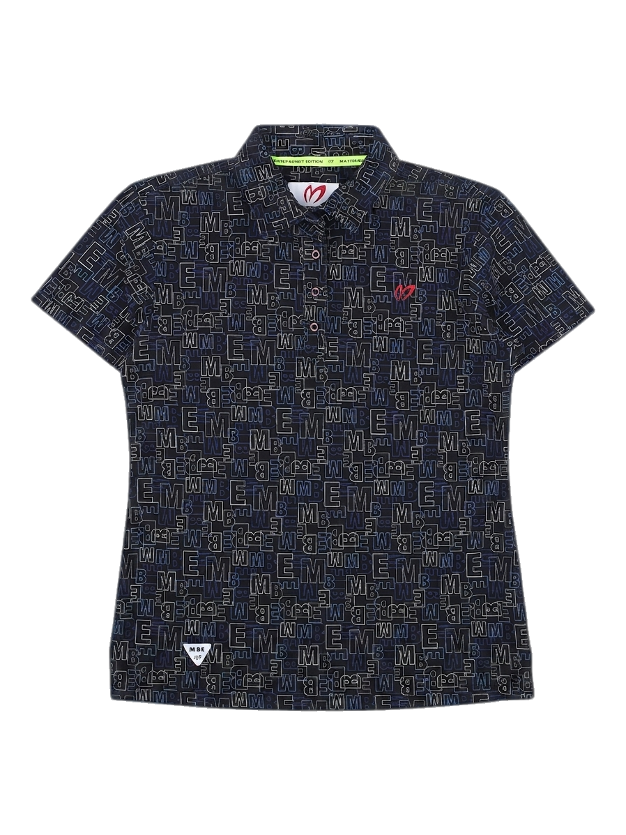 블랙 올오버 로고 프린트 반팔 카라티