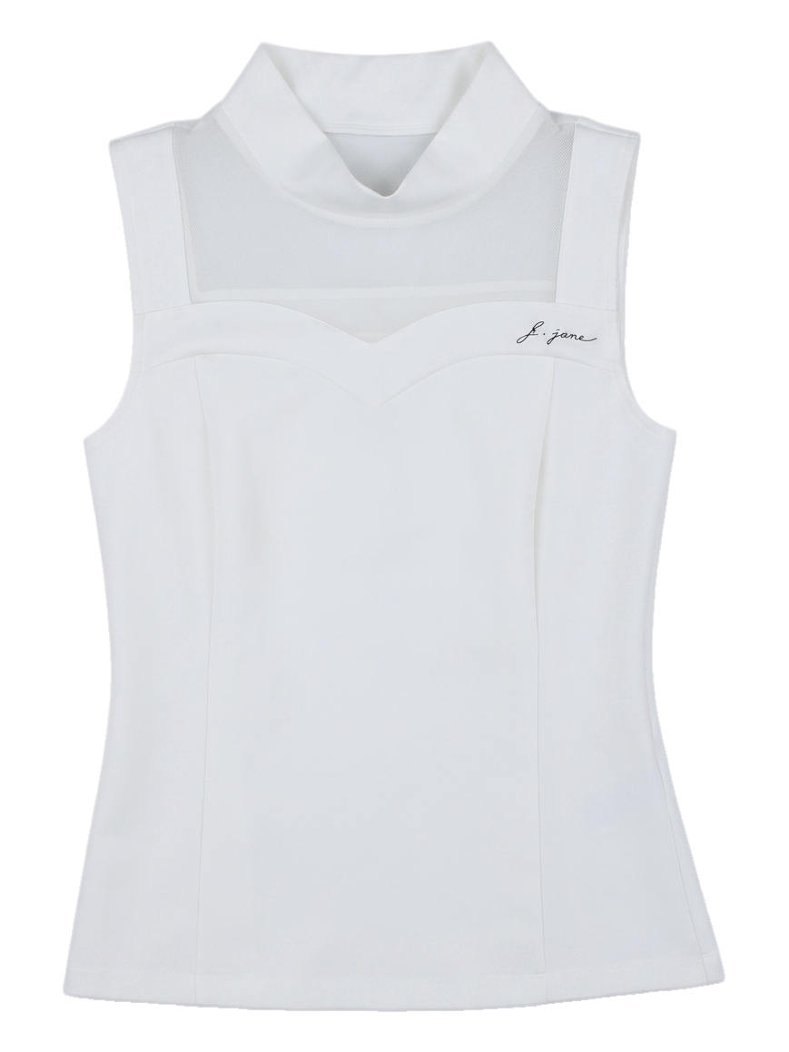 여성 화이트 하이넥 메쉬 믹스 민소매 탑