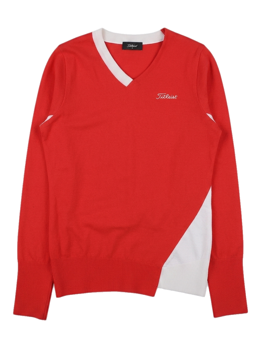 타이틀리스트 레드/화이트 배색 V넥 니트