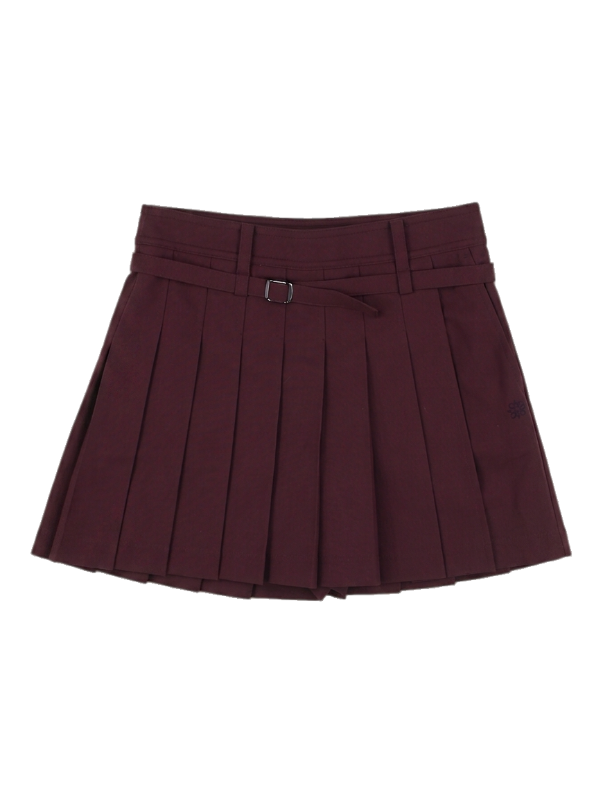 버건디 벨티드 플리츠 스커트